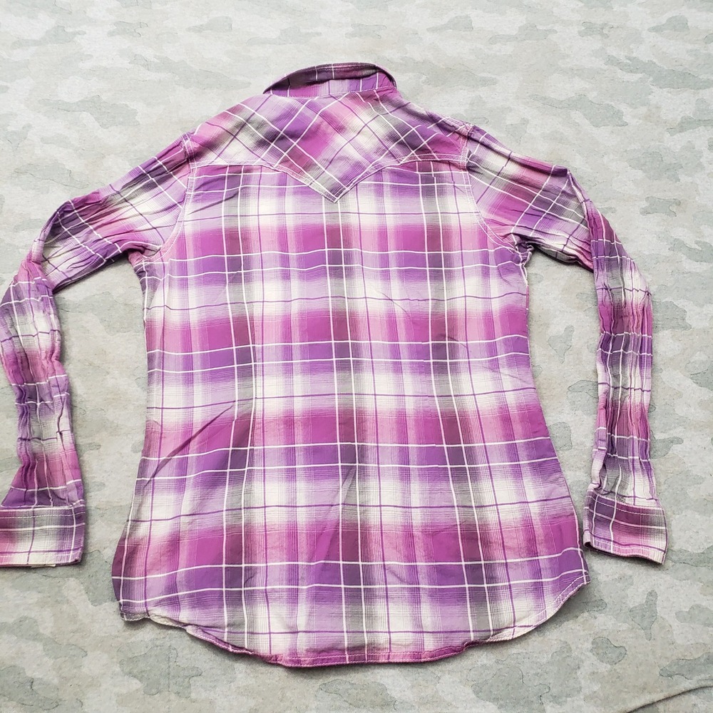 Wrangler Rock 47 Top Womens Medium Purple Western Plaid Pearl Snap Short Sleeve - Picture 5 of 8